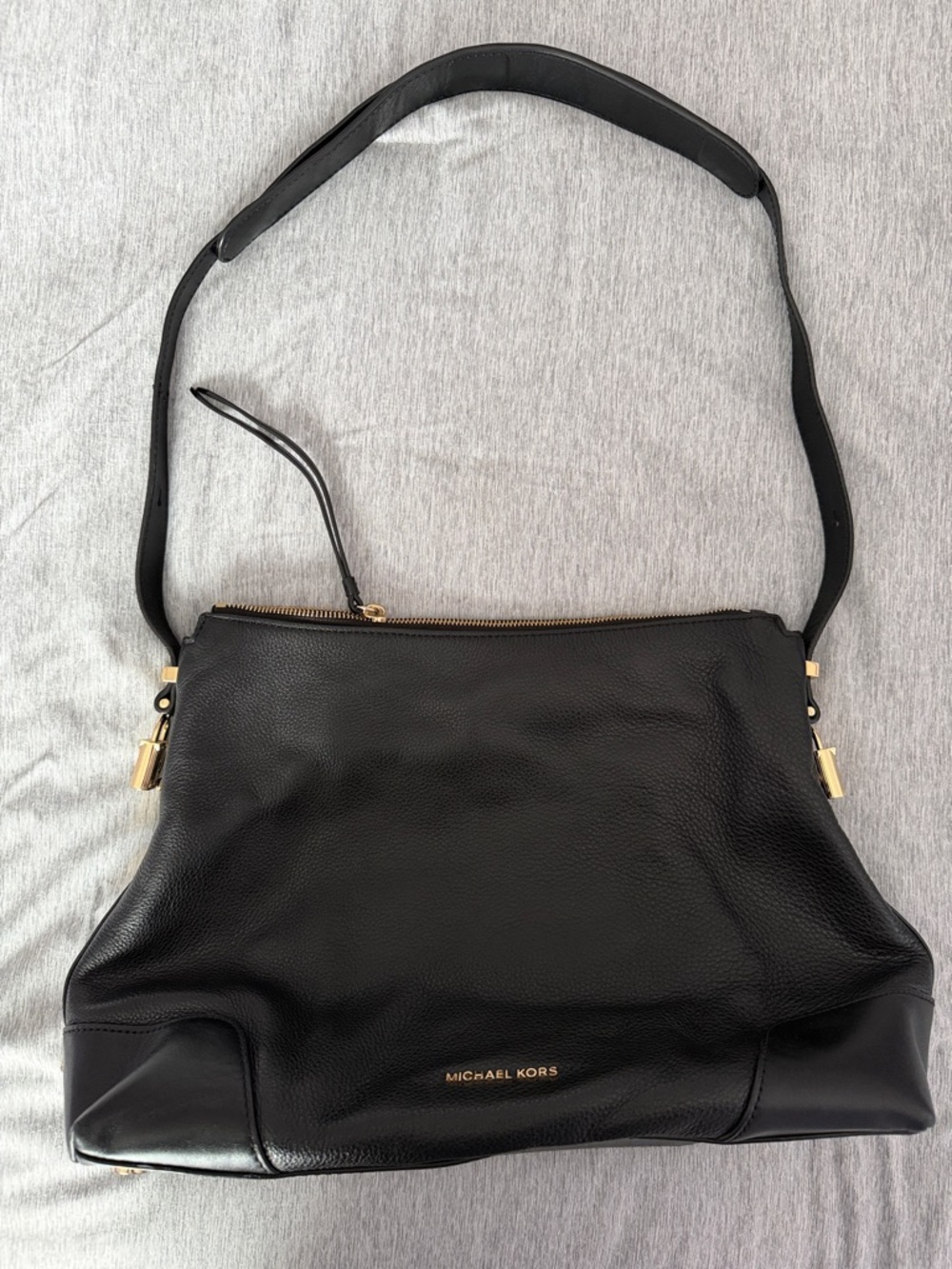 Michael Kors Black Leather Shoulder Hobo with Gold Accents